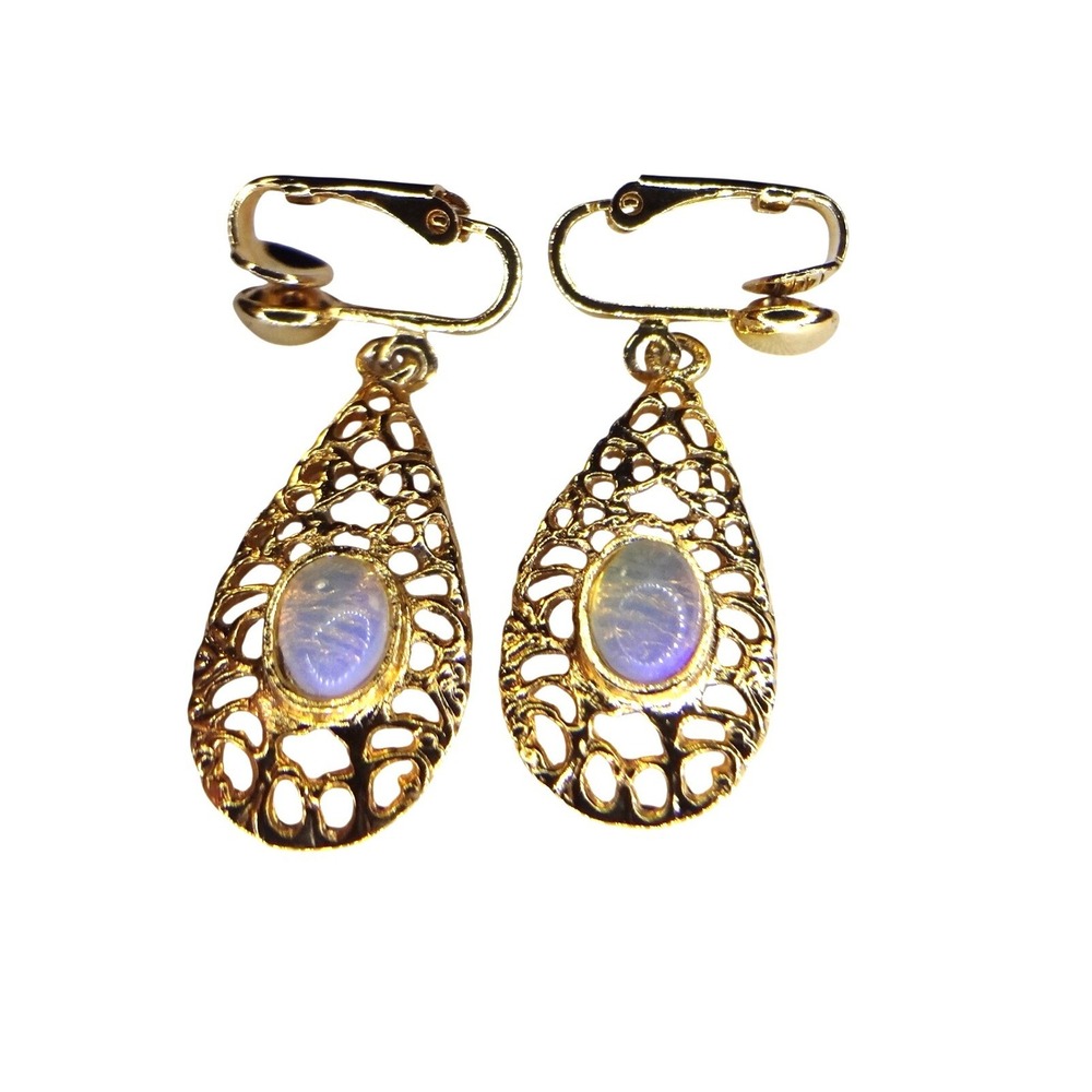 Unbranded Drop Earrings Gold Excellent Filigree Faux Opal Clip On Retro